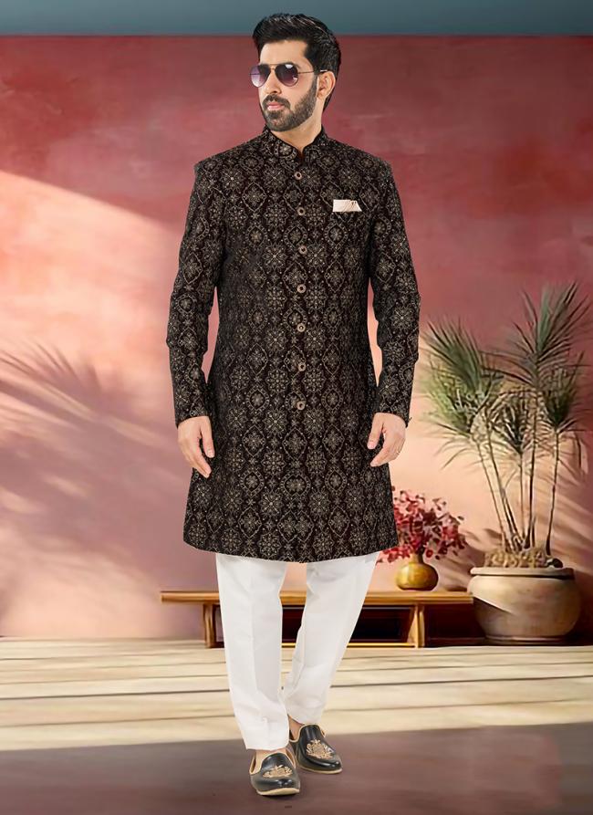 Velvet Brown Wedding Wear Embroidery Work Readymade Sherwani